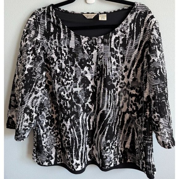Laura Ashley Womens Black/White Patterned Textured Layered Top 2X 3/4 Sleeve - Picture 1 of 12